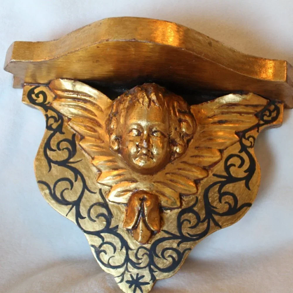 Antique vintage wood carved gilded Putti brackets Cherub Baroque golden flaws